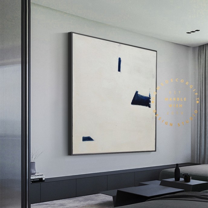 Large White Painting on Canvas, Original Contemporary Art Modern Oil Painting for Living Room, Navy Blue Painting, Minimal Abstract Painting Large White Painting on Canvas, Original Contemporary Art Modern Oil Painting for Living Room, Navy Blue Painting, Minimal Abstract Painting