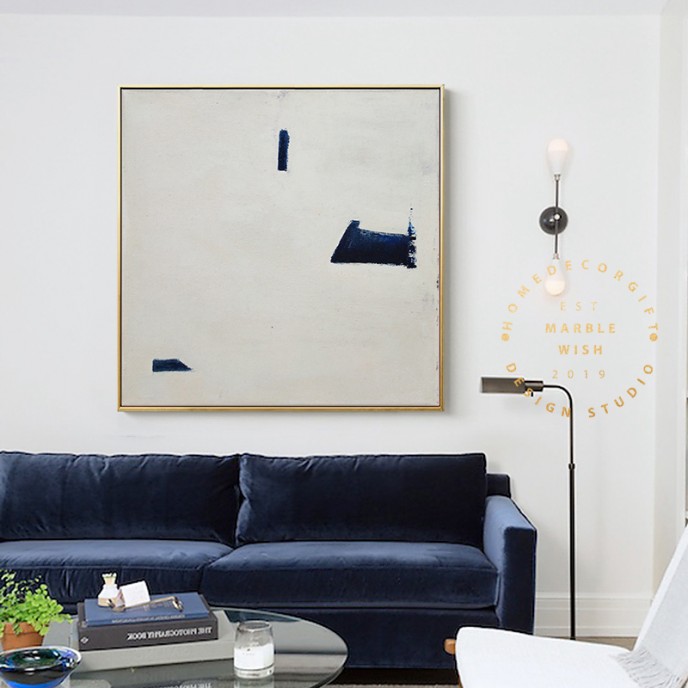 Large White Painting on Canvas, Original Contemporary Art Modern Oil Painting for Living Room, Navy Blue Painting, Minimal Abstract Painting Large White Painting on Canvas, Original Contemporary Art Modern Oil Painting for Living Room, Navy Blue Painting, Minimal Abstract Painting