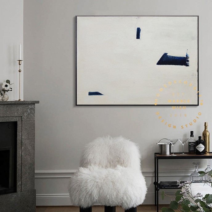 Large White Painting on Canvas, Original Contemporary Art Modern Oil Painting for Living Room, Navy Blue Painting, Minimal Abstract Painting Large White Painting on Canvas, Original Contemporary Art Modern Oil Painting for Living Room, Navy Blue Painting, Minimal Abstract Painting