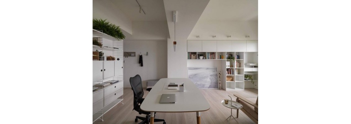 White apartment design with home office