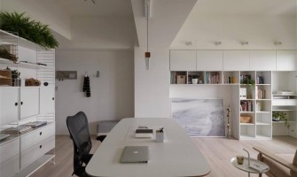 White apartment design with home office