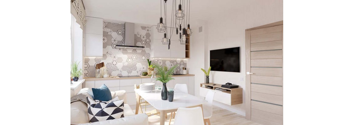 Small apartment decoration designs with white and wooden textures